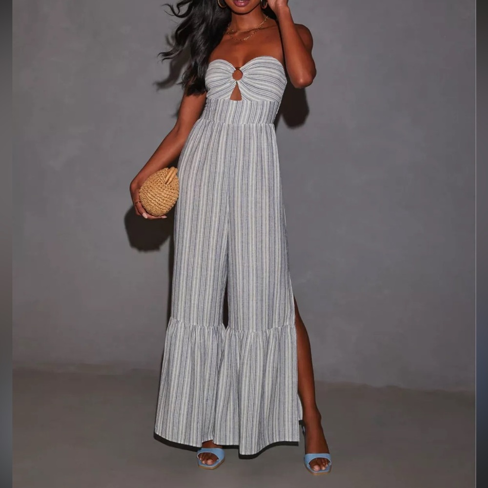 NWOT Vici Best Escape Cotton Linen Strapless Slit Leg Jumpsuit